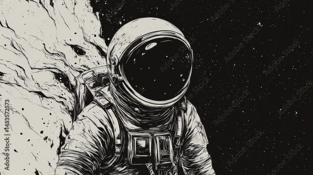 A cosmonaut or astronaut in a floating pose, often with detailed suits and reflective visors