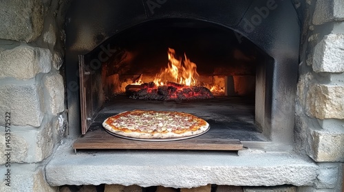 Outdoor pizza oven cooking, stone structure, fire photo