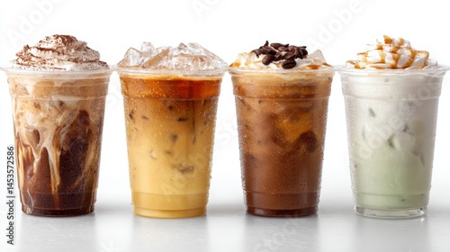 Four distinct iced coffee varieties in clear plastic cups against a white background