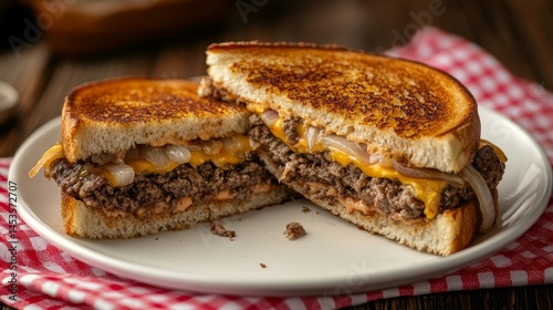 Whataburger patty melt on a white plate with a red gingham napkin. The sandwich is sliced in half to reveal layers of melted cheese, beef, and onions, paired