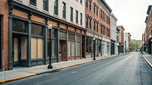 Empty street with vintage storefronts and old buildings in small town america