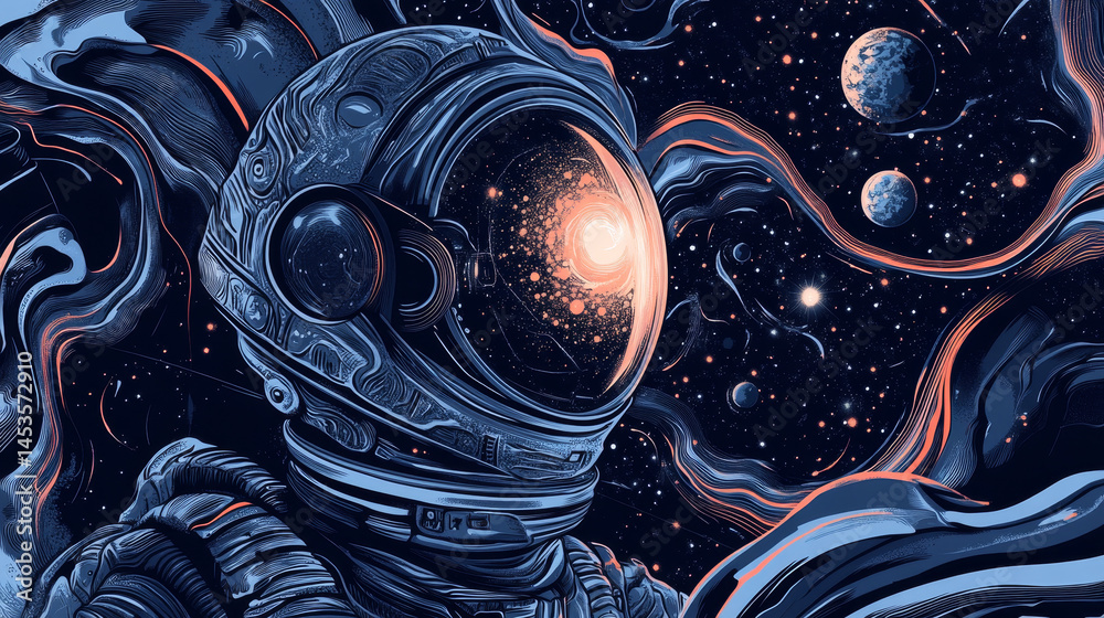 A cosmonaut or astronaut in a floating pose, often with detailed suits and reflective visors