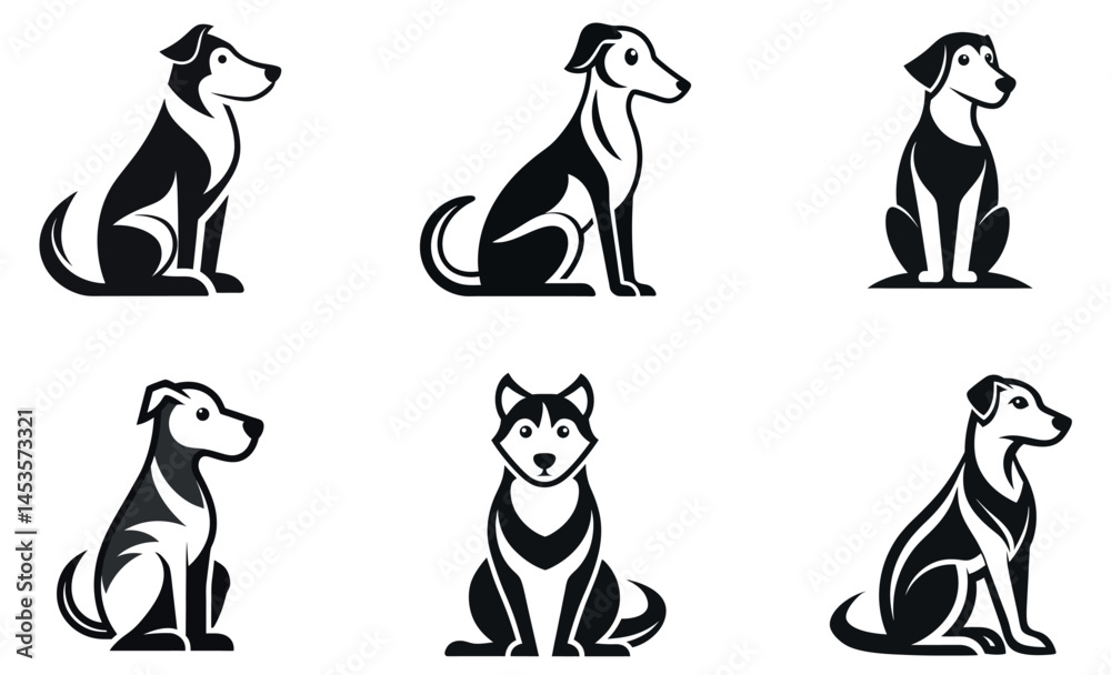 Obraz premium Black and White Dog Logo Designs – Minimalist Silhouettes of Various Dog Breeds