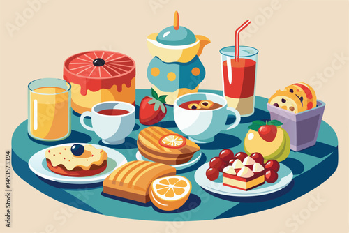 Delightful Breakfast A Colorful Spread of Morning Treats and Refreshing Drinks