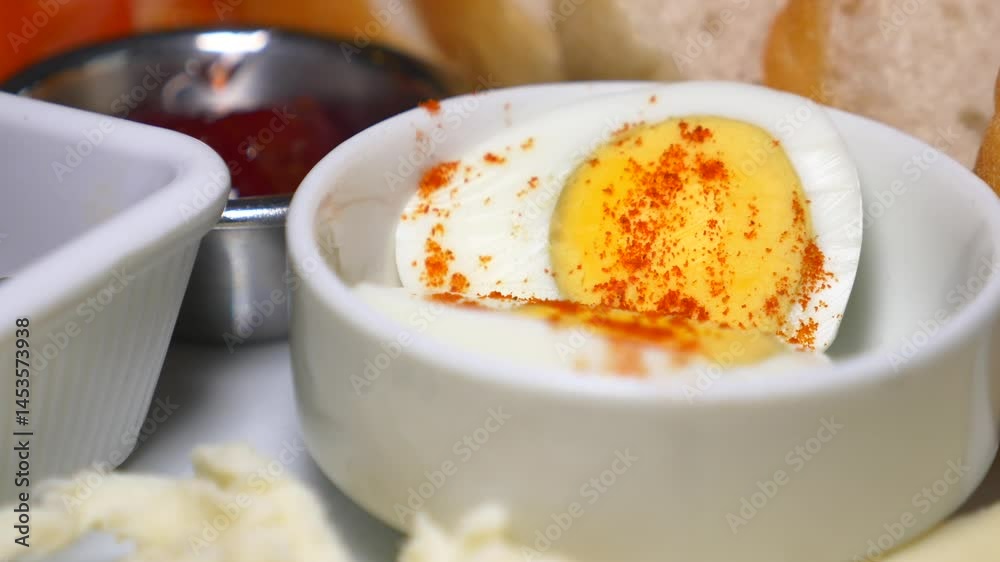 Delicious boiled eggs served with bread and spreads at breakfast table Delicious boiled eggs served with bread and spreads at breakfast table