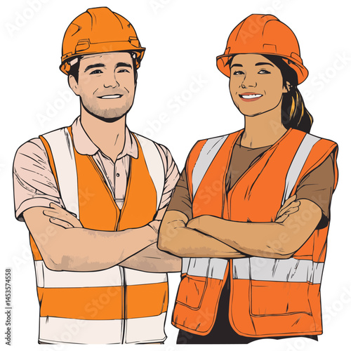 Construction workers in safety vests smiling at the camera.
