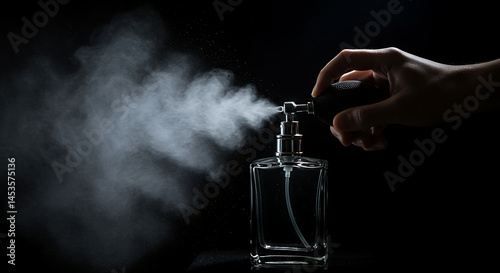 Elegant spray of fine fragrance released from classic perfume bottle in darkness