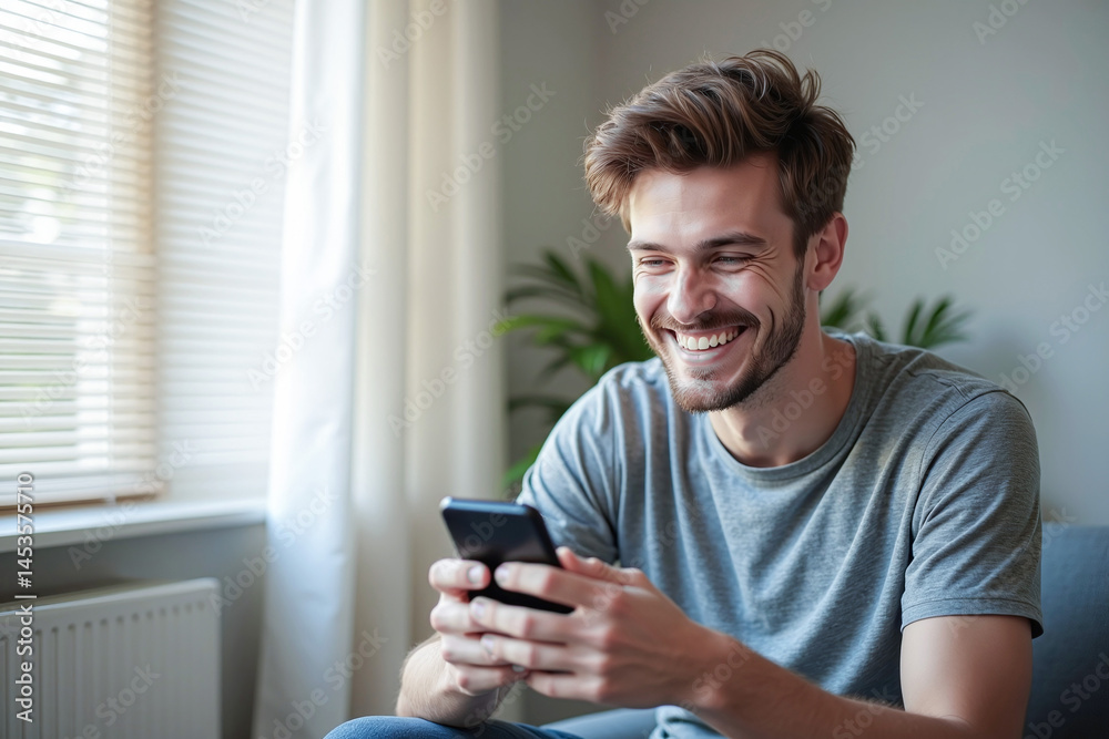 Happy man guy using smartphone at Home, smile and hold phone on he hand with internet technology use of shopping, search, chat, message at inddor living room with beautiful natural light Happy man guy using smartphone at Home, smile and hold phone on he hand with internet technology use of shopping, search, chat, message at inddor living room with beautiful natural light
