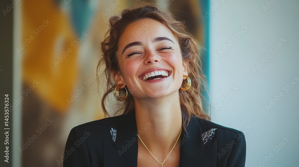 Fototapeta premium young businesswoman laughing while working in a modern office, cheerful atmosphere
