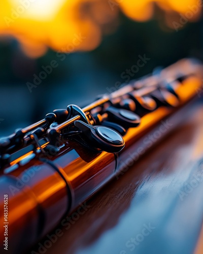 Warm Tones Illuminate an Elegant Bassoon Resting on a Wooden Surface