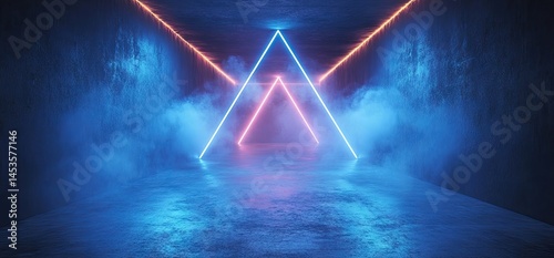 Neon light triangles in a dark interior space.