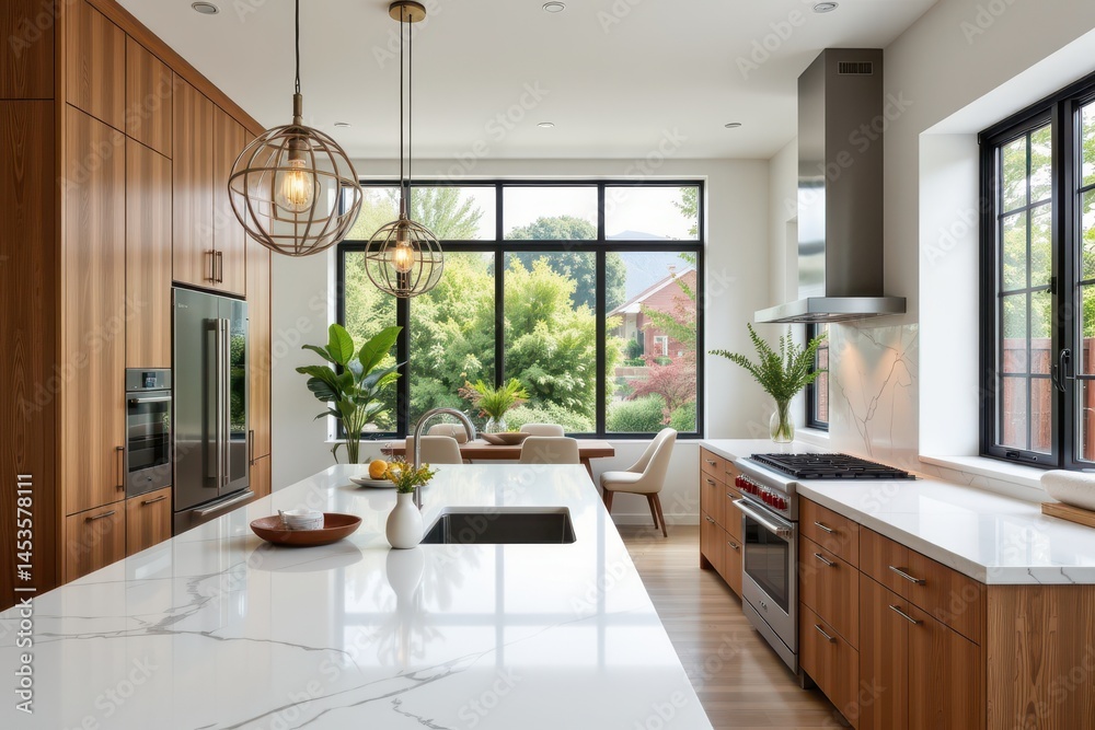 Fototapeta premium interior of modern kitchen with white marble countertop and wooden
