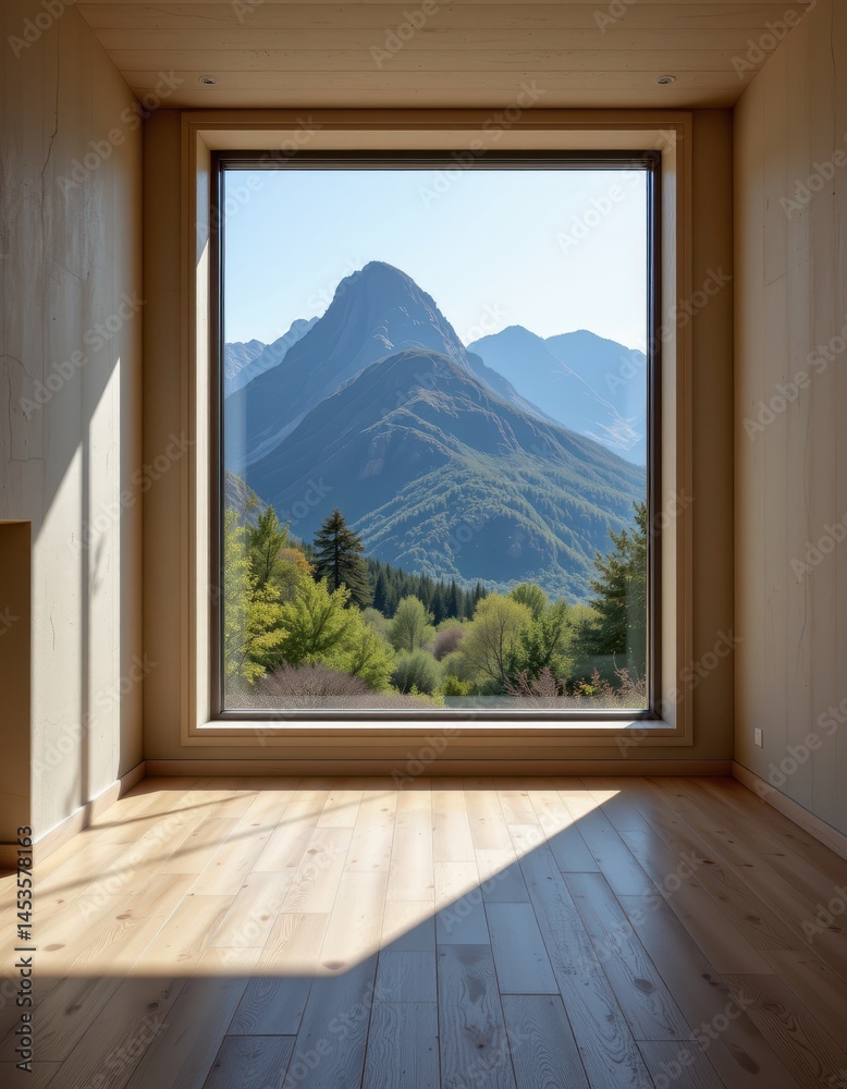 Fototapeta premium architecture empty room with window and mountain background with sunlight