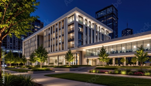 modern building in the city at night and beautiful landscaping