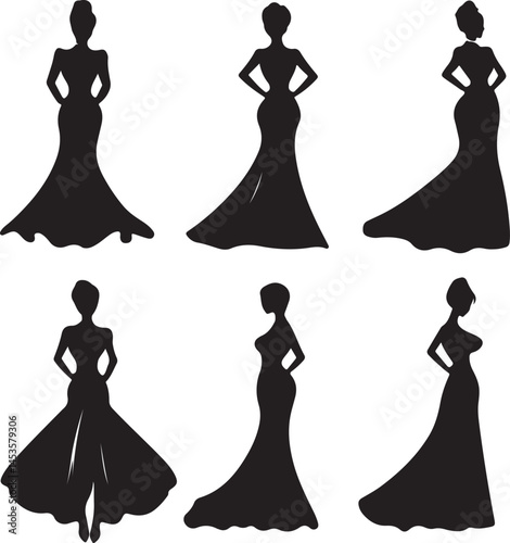Silhouette Vector Art of Women in Elegant Gowns: Fashion Illustration, Evening Dresses, Prom & Wedding Gowns, Black & White Graphics