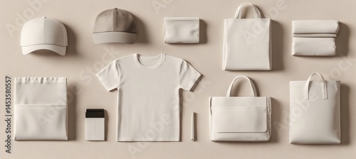 Blank apparel mockup set with t-shirt, cap, tote bag, and pouch on neutral background for branding and product display


