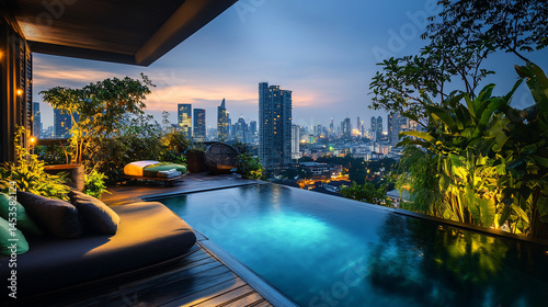 Rooftop infinity pool cityscape