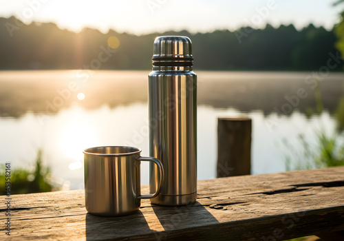 Stainless steel mug and thermos bottle standing on wooden surface near tranquil lake in sunny morning, perfect for camping or hiking trip.