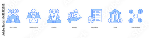 Real Estate Stability icon sheet web banner vector real estate, stabilization, conflict, money, regulation, bank, diversification