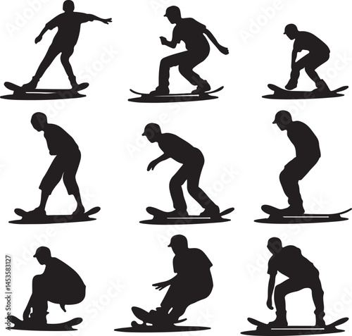 Skateboarder Silhouette Vector: Skateboarding Tricks, Action Sports, Black & White Graphic Illustration, Skate Park Design Element, Street Style Art
