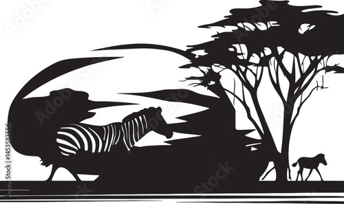 Silhouette of Zebra Family in African Savannah with Acacia Tree - Vector Illustration, Wildlife Art, Nature Scene