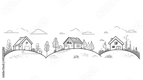 Vector architecture illustration set shows houses and home buildings on a hill and in the mountains, plus a city symbol
