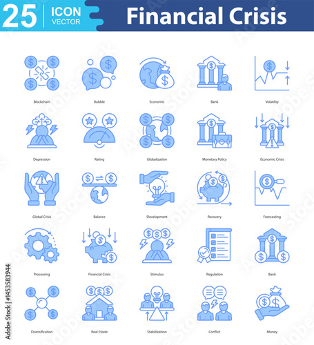 Financial Crisis icon sheet vector illustration blockchain, bubble, economic, bank, volatility, depression, rating, globalization, monetary policy, economic crisis, global crisis, balance, development