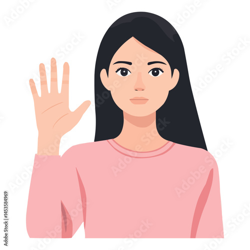 Woman raising her hand in a stop gesture, flat illustration