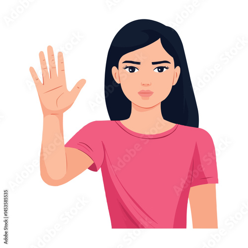 Woman raising her hand in a stop gesture, flat illustration