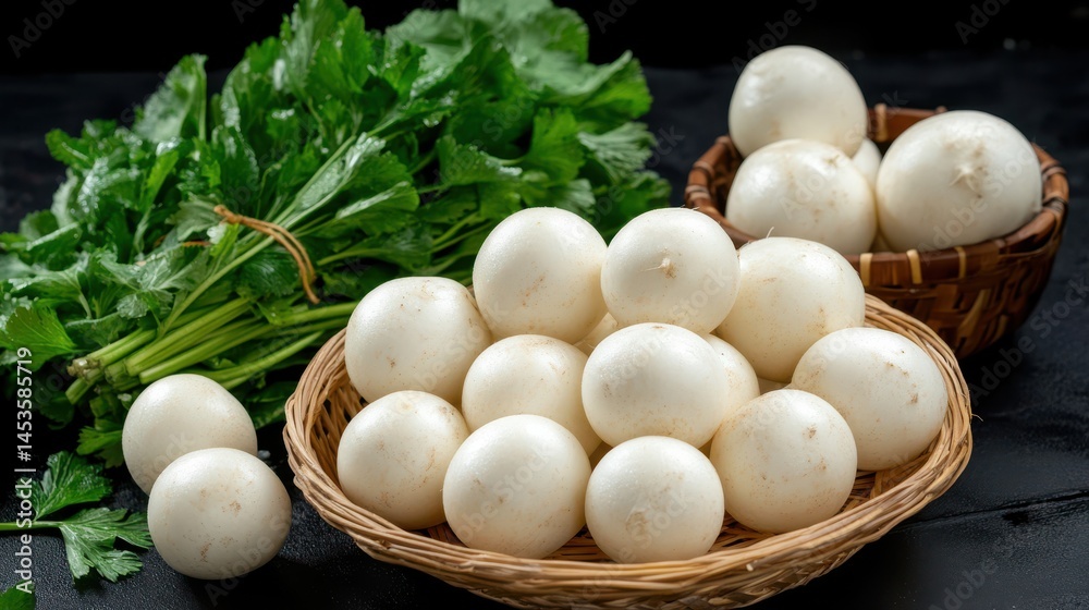 Rustic Basket Filled with Fresh Eggs and Parsley on Wooden Table Surface Rustic Basket Filled with Fresh Eggs and Parsley on Wooden Table Surface
