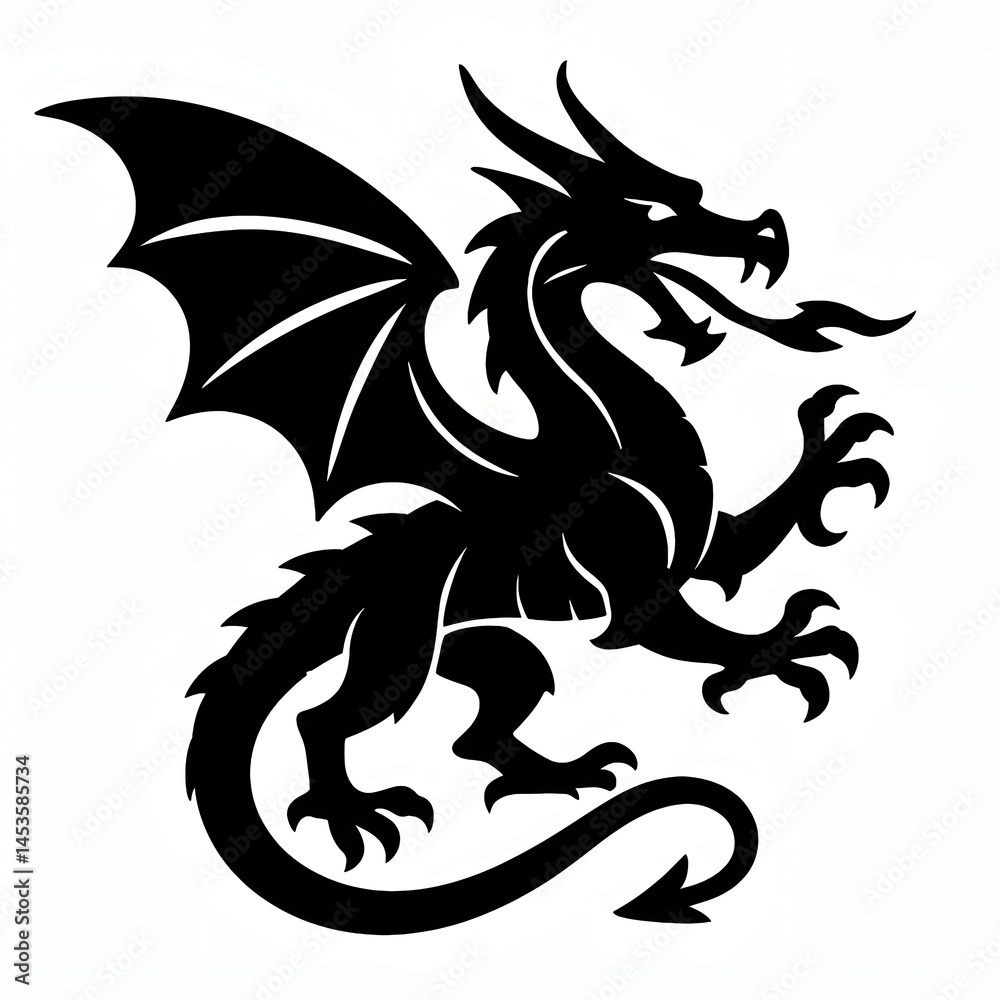 Naklejka premium Majestic dragon silhouette with detailed features and stylized wings