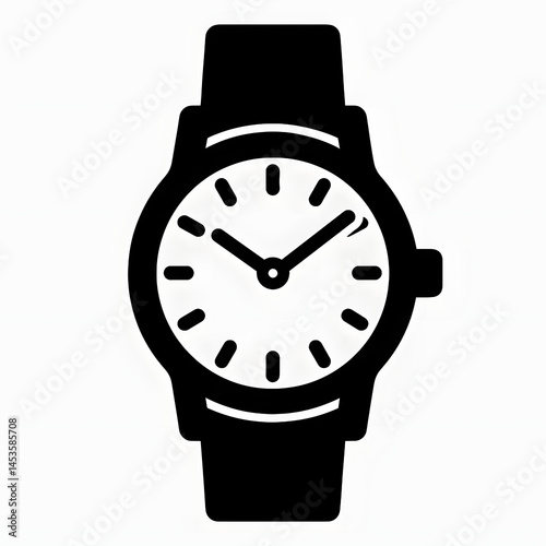Simple black silhouette of a wristwatch with distinctive hour and minute hands displayed prominently on a white background
