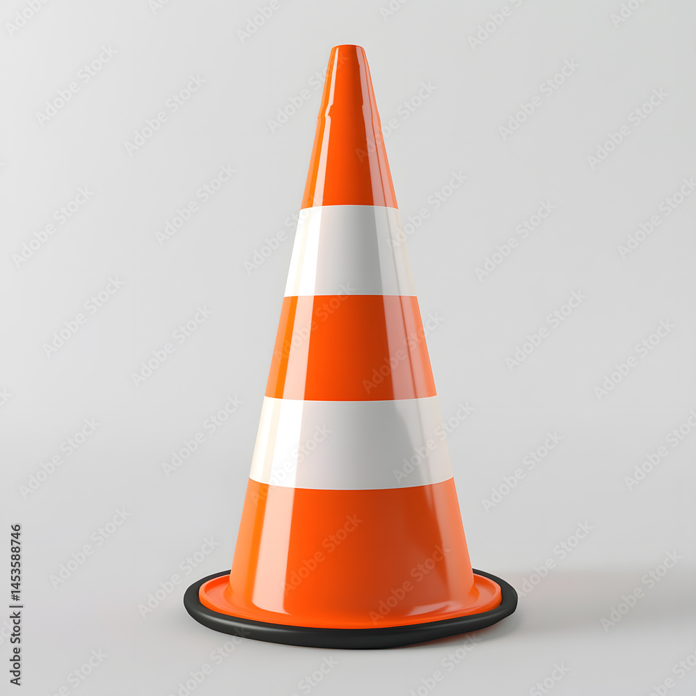 Reflective orange safety cone with white stripes stands isolated on plain background Reflective orange safety cone with white stripes stands isolated on plain background