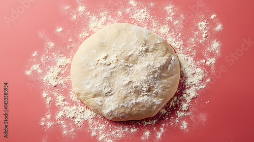 Fresh pizza dough on red surface with flour dusted around, ready for baking photo
