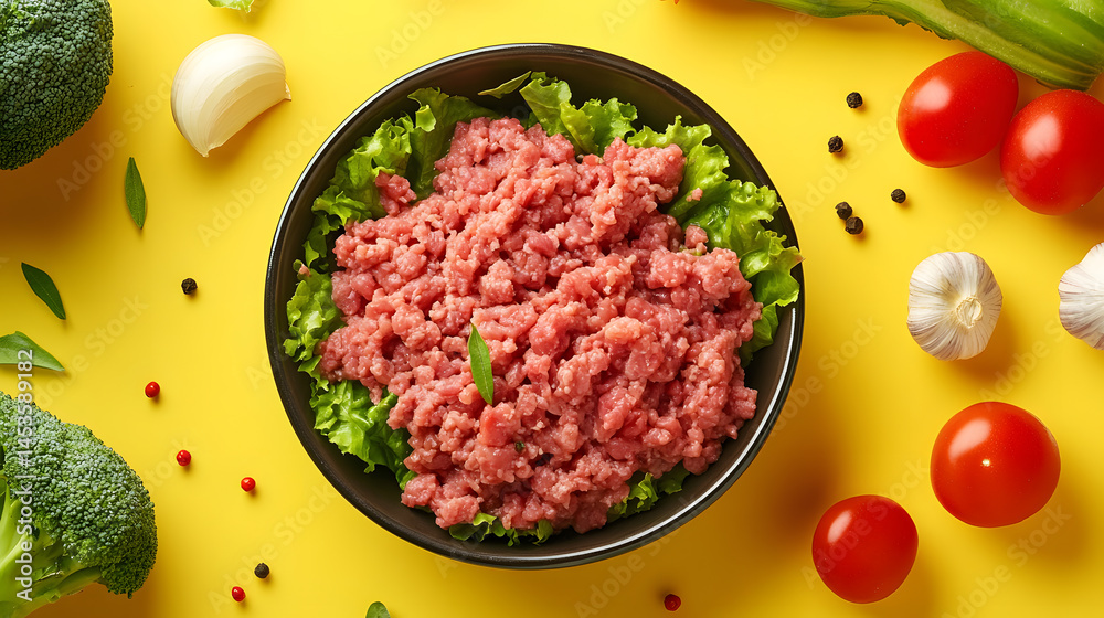 Minced pork in bowl with fresh vegetables on yellow background, surrounded by garlic, tomatoes, and broccoli Minced pork in bowl with fresh vegetables on yellow background, surrounded by garlic, tomatoes, and broccoli