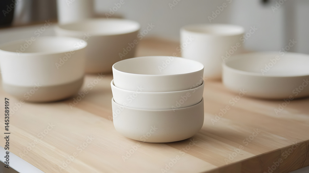 Minimalist ceramic dinnerware set displayed on wooden table, creating serene and elegant atmosphere Minimalist ceramic dinnerware set displayed on wooden table, creating serene and elegant atmosphere