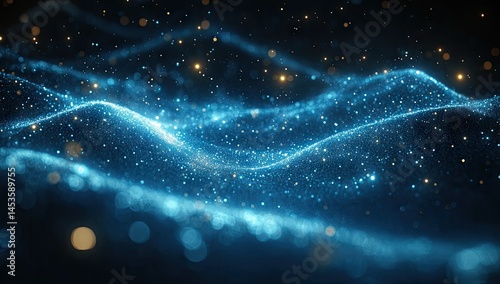 Abstract digital particles flowing in liquid blue waves.