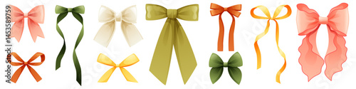 Set of different hair ribbons, bows of different colors, sets of vintage bows for girls. Isolated ribbons. Attributes, decoration of parties, holidays, bow for gift wrapping, box.