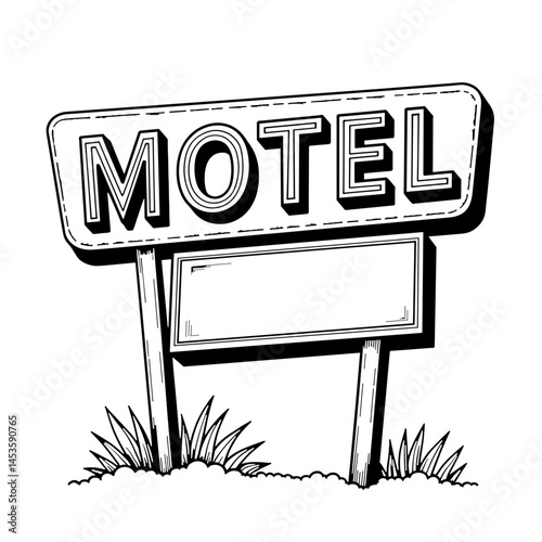 Glowing motel sign in line art style, nighttime ambiance