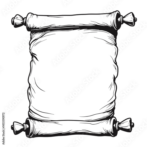 Detailed line art of ancient scroll on white background, creativity