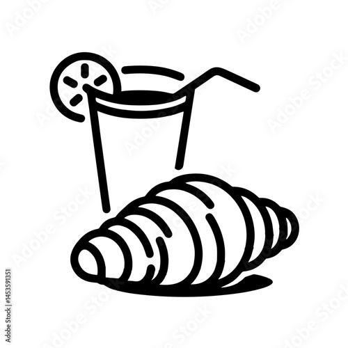Minimalistic black-and-white croissant and juice glass icon illustration, professional line art style