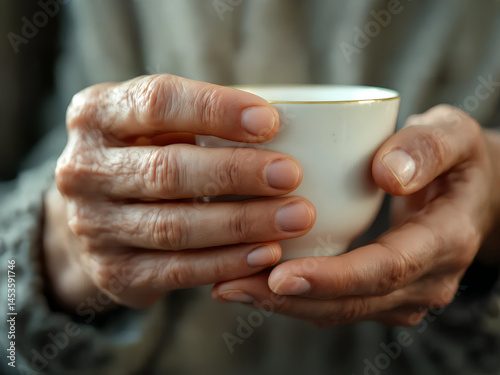 faltige Hand, die eine Tasse Tee hält