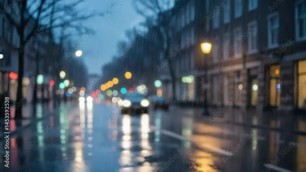 Rainy evening city street with blurred lights and wet reflections
Rainy evening city street with blurred lights and wet reflections