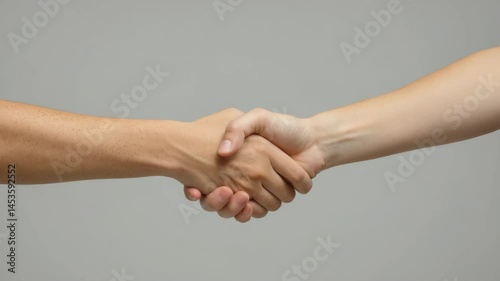Two people clasping hands in firm handshake on neutral background


