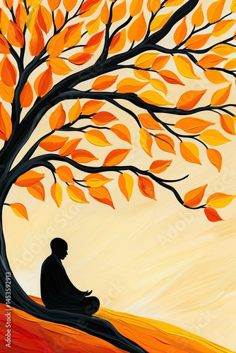 Serene Silhouette of a Meditating Figure Beneath a Vibrant Autumn Tree with Golden Leaves Against a Soft Sunset Background Evoking Peaceful Reflection and Tranquility