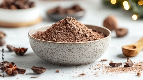Fine cocoa powder in a bowl, surrounded by other cocoa ingredients
