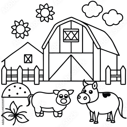 a farmyard scene with a barn tractor chickens and a cow