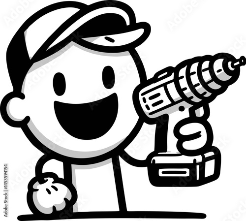 Happy Handyman with Drill - Cartoon Illustration