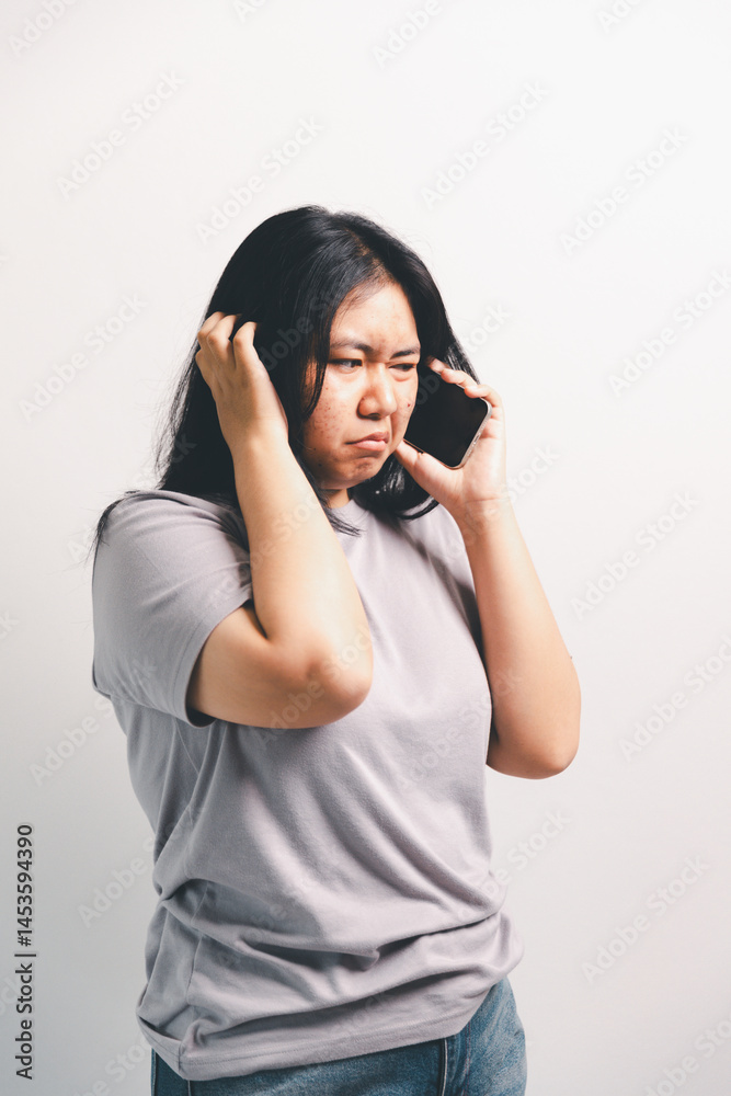 Asian girl expresses dislike, person express negative feeling, concept business complaint from customer ensuring employee satisfaction negative feedback to prevent mental strain customer dislike Asian girl expresses dislike, person express negative feeling, concept business complaint from customer ensuring employee satisfaction negative feedback to prevent mental strain customer dislike