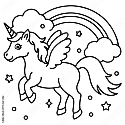 a magical unicorn with sparkly wings flying over a rainbow